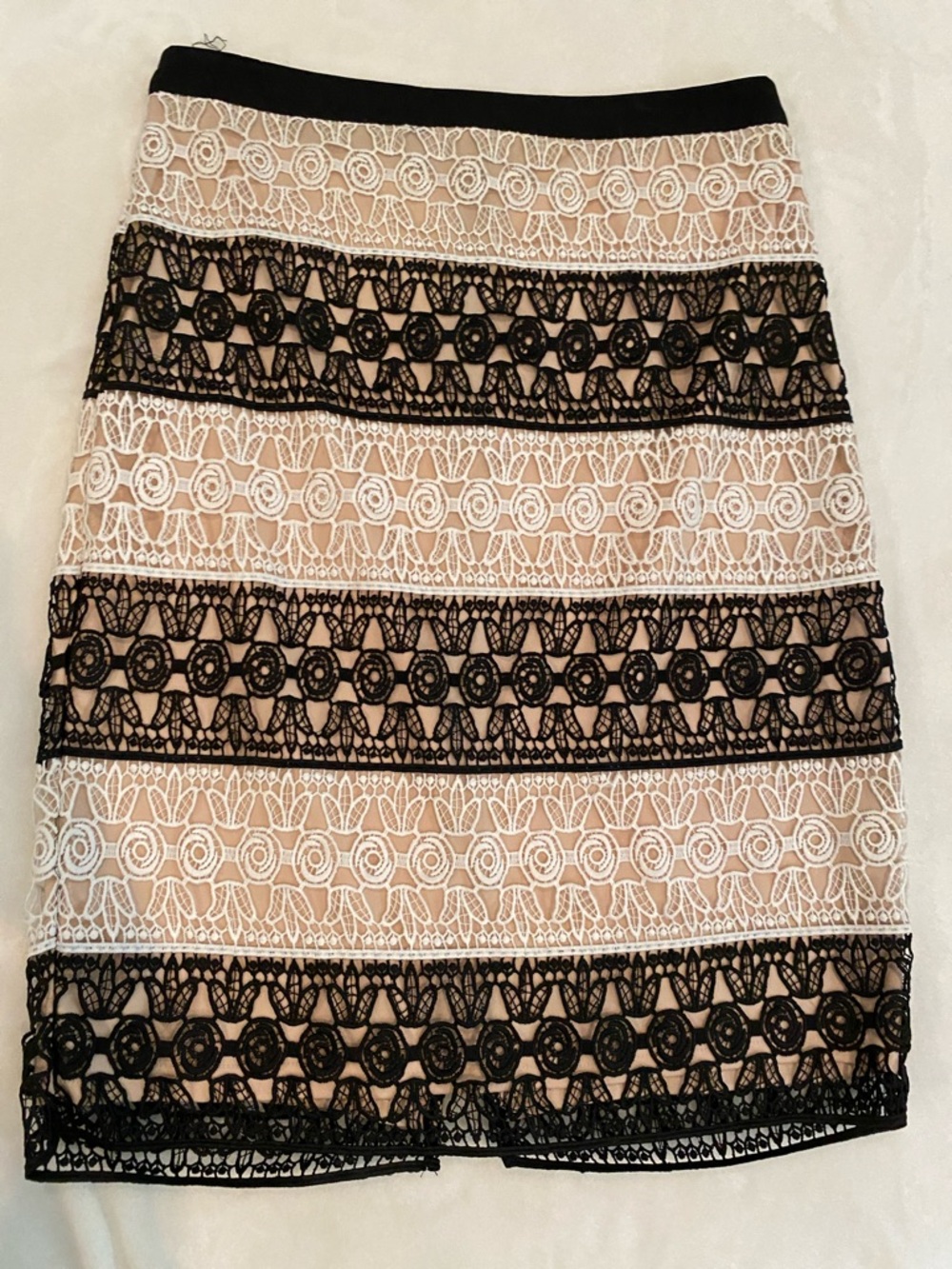 Jealous Tomato Black and Nude Lace-Striped Pencil Skirt